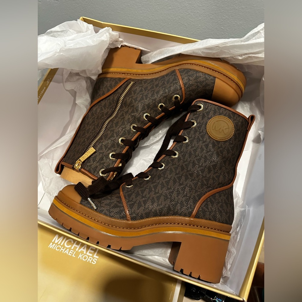 Michael Kors Brown and Gold Monogram Boots